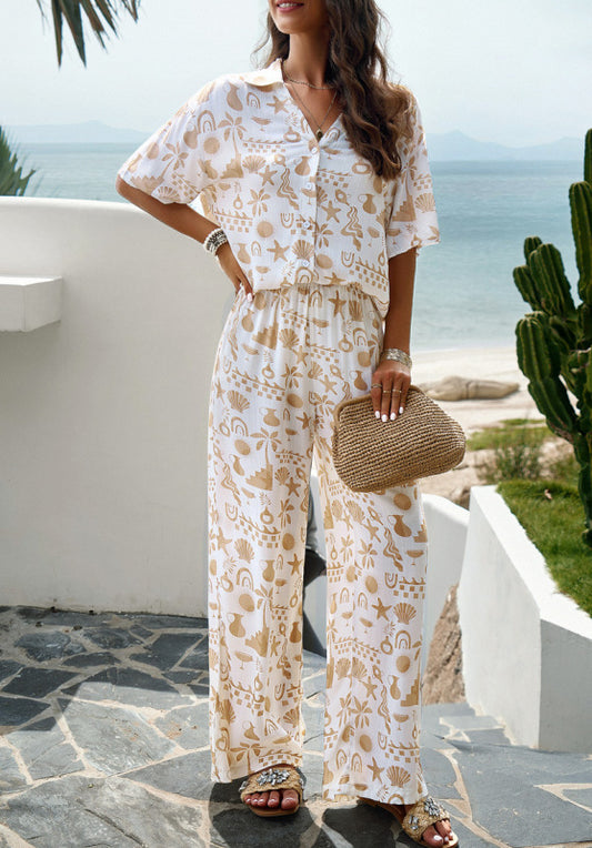 Elegant printed short-sleeved trousers two-piece suit