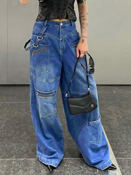 Multi-pocketed, zipped, distressed jeans with a straight leg and wide leg