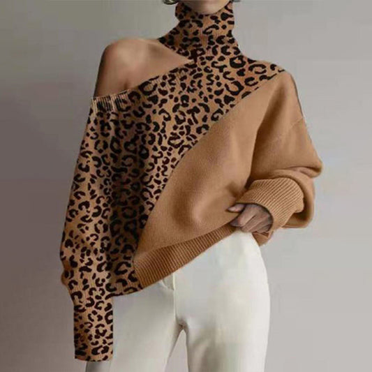 Women's Leopard Print One Shoulder Sweater