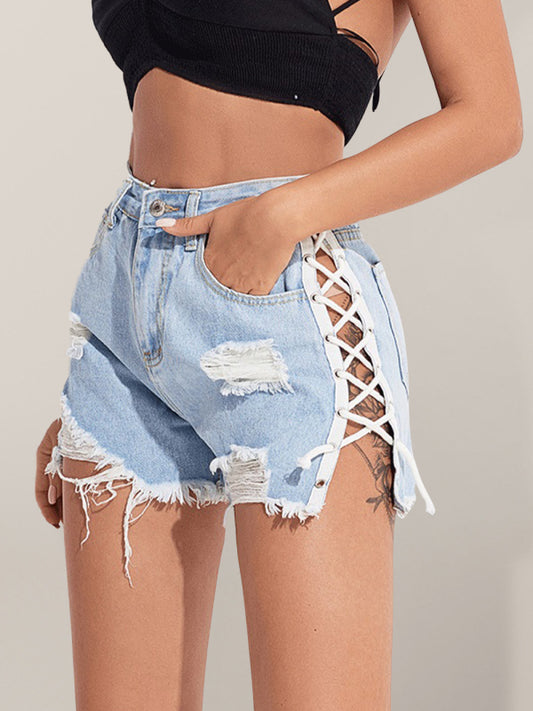 Women's Ripped Side Lace-up Denim Shorts