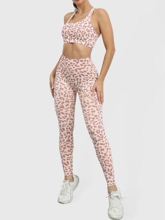 Women's Leopard Print Balance Compression Racerback Crop Top And High-waist Pants