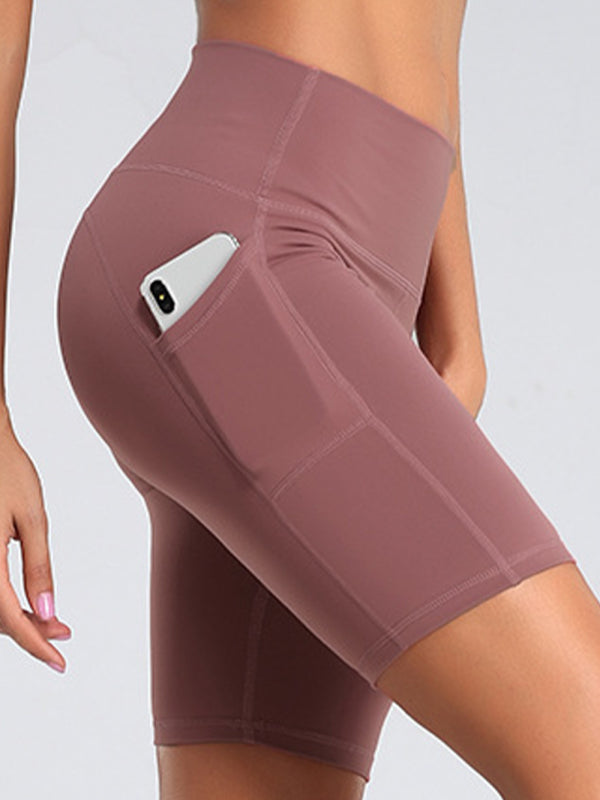 Ladies Stitching Five Point Sports Pocket Tight Fitness High Waist Hip Lifting Cycling Yoga Shorts