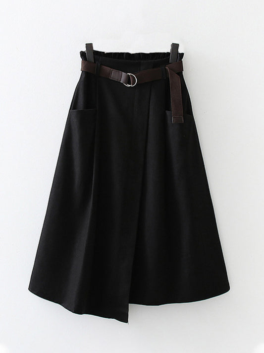 Women's Solid Color Asymmetric Belted Midi Skirt