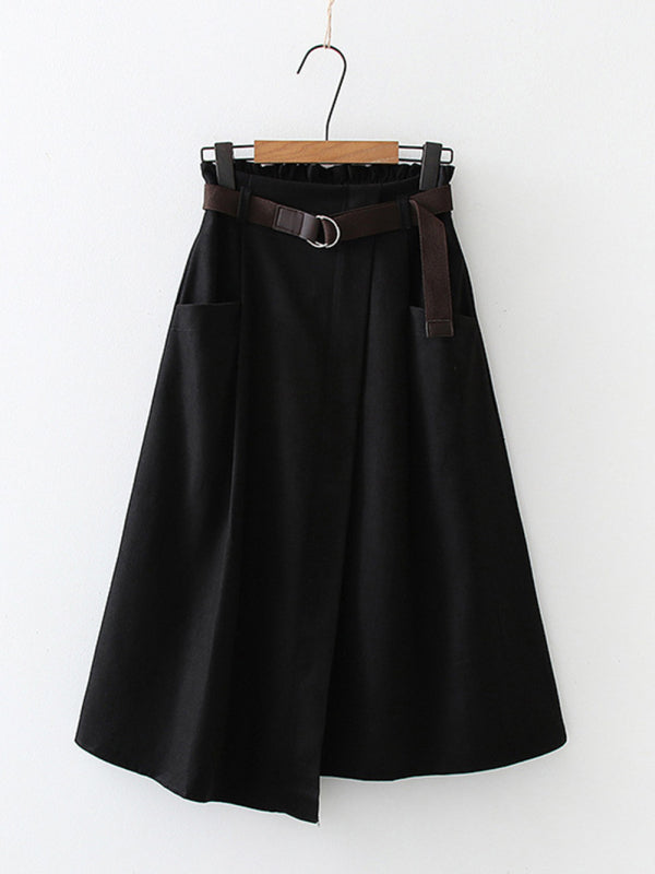 Women's Solid Color Asymmetric Belted Midi Skirt