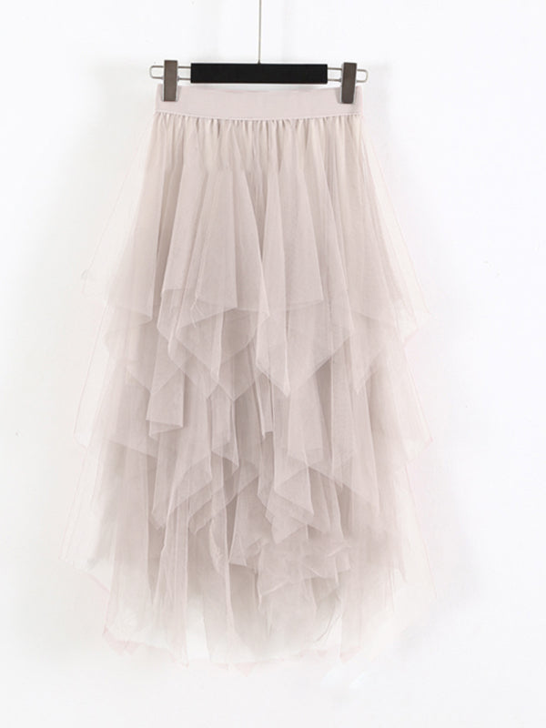 Mesh splicing skirt high waist slimming solid color mid-length fairy skirt