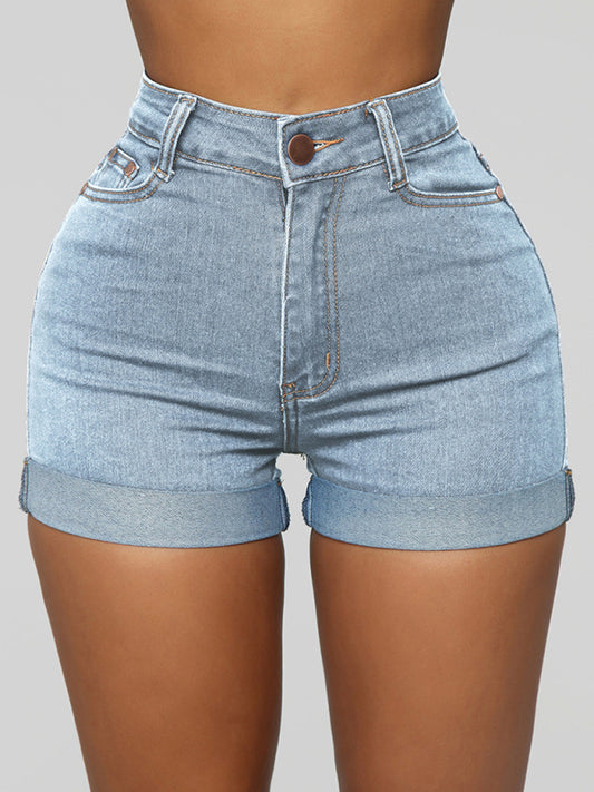 Stylish simple high elastic women's denim shorts