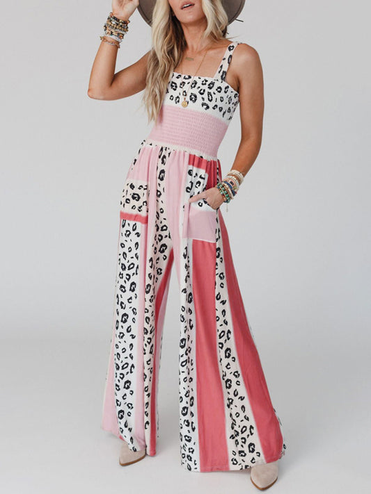 Women's Casual Fashion Leopard Mixed Color Print Pocket Jumpsuit