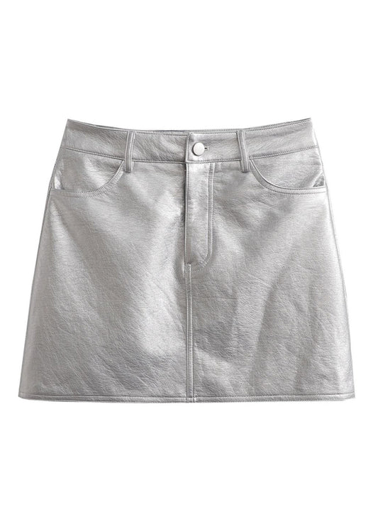New Spice Girl Style High Waist Silver Short Leather Skirt Skirt