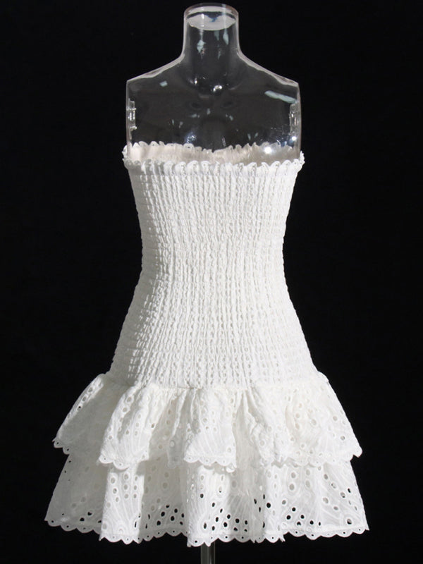 New Arrival Strapless Slim Ruffle Hem Embroidered Short Dress