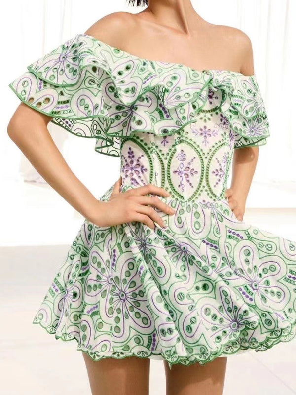 New One Shoulder Elegant Romantic Mini Embroidered Dress