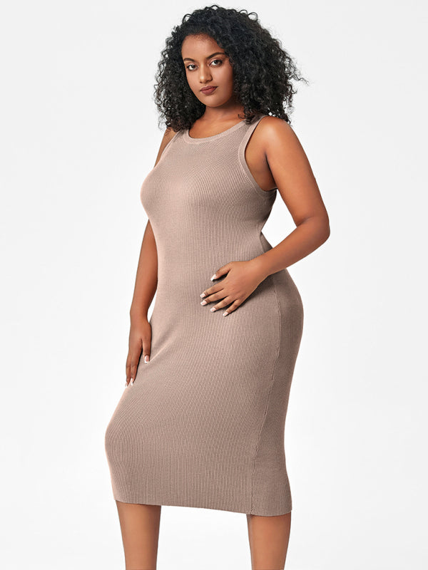 New fat mm round neck vest bottoming tight hip knit dress