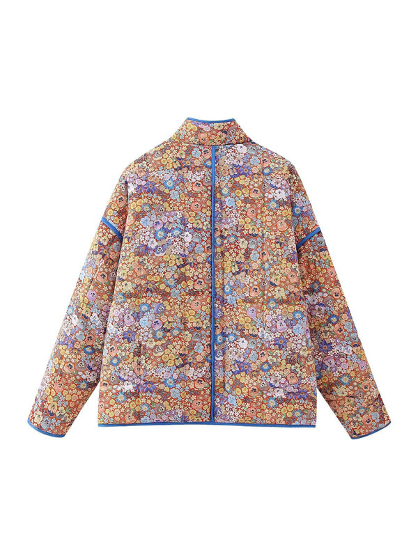 Autumn and winter flower print loose pocket quilted cotton coat for women