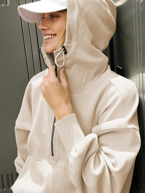 Athletic hoodie drawstring long sleeve top half zip