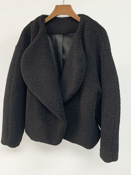 Autumn and winter short silhouette lambs plush coat lapel plush women's wool sweater