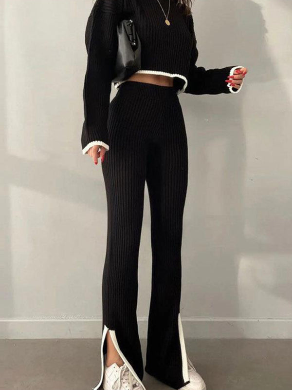 Autumn and winter contrasting color sweater slit elastic waist wide-leg pants two-piece set