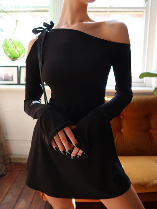 Women's new sexy slanted shoulder lace-up elegant long-sleeved dress