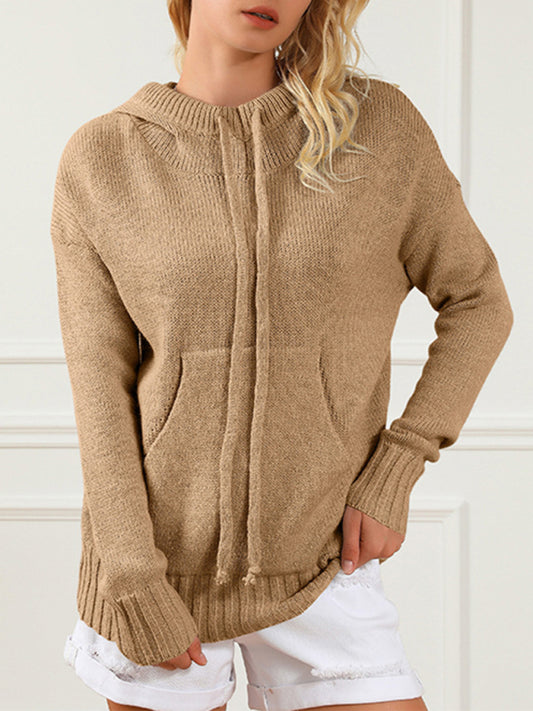 Women's mid-length loose drawstring pocket loose sweater